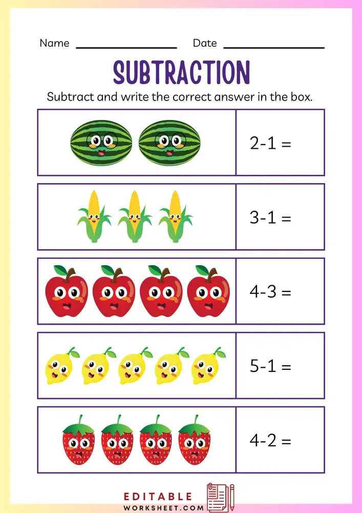 Simple Subtraction Worksheets for Kindergarten 02