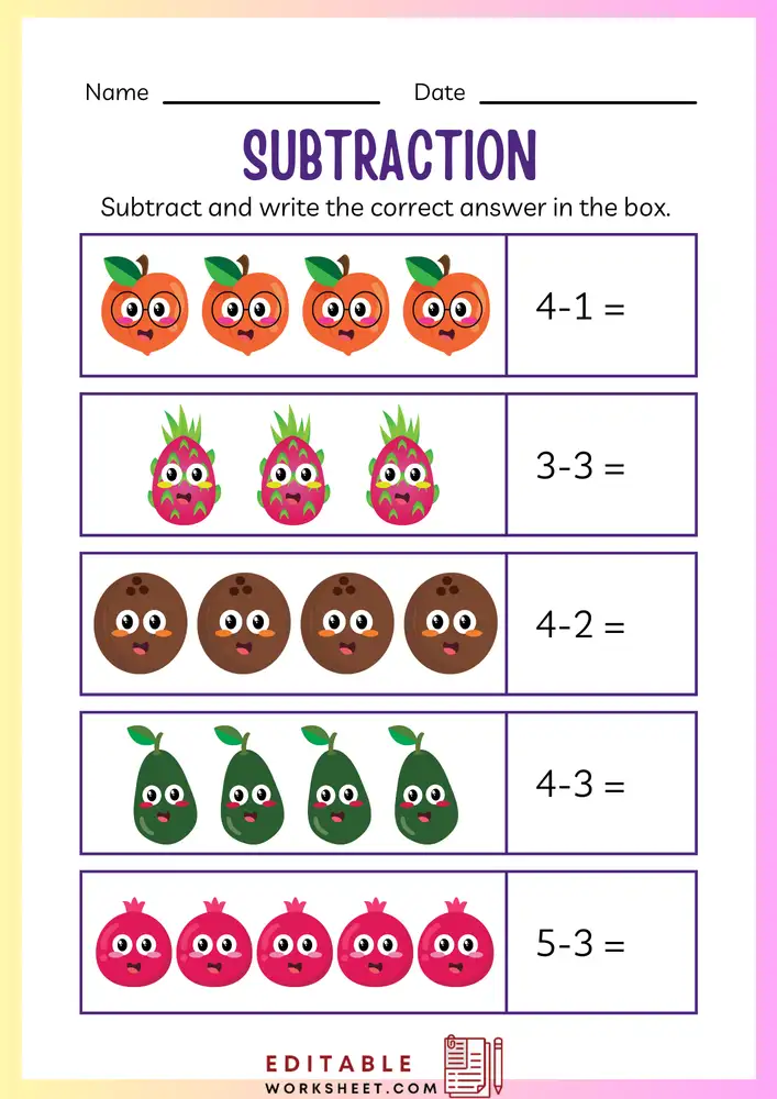 Simple Subtraction Worksheets for Kindergarten 03