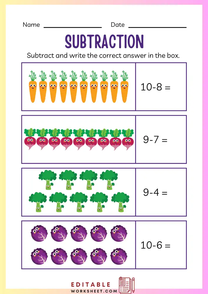 Simple Subtraction Worksheets for Kindergarten 07