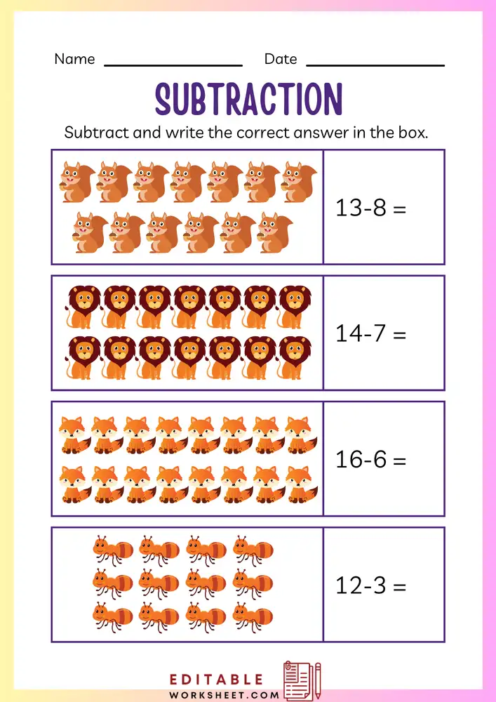 Simple Subtraction Worksheets for Kindergarten 10