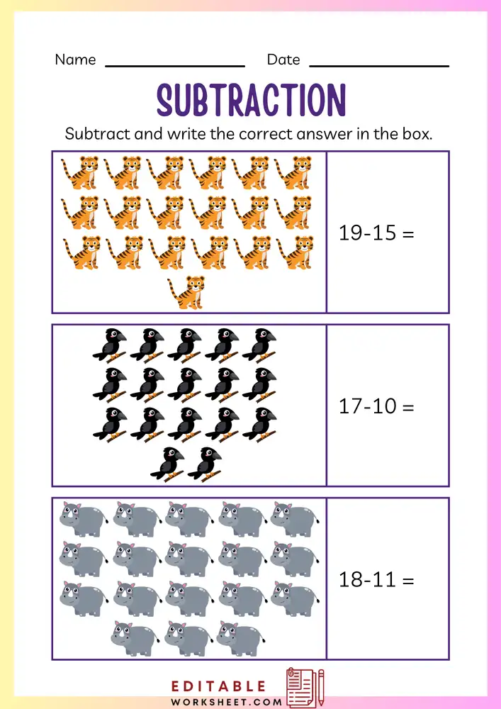 Simple Subtraction Worksheets for Kindergarten 11