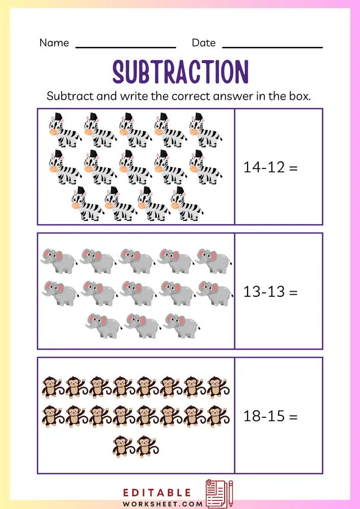 Simple Subtraction Worksheets for Kindergarten 12