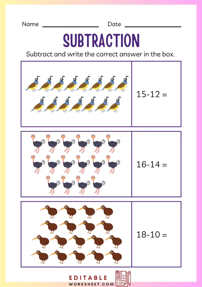 Simple Subtraction Worksheets for Kindergarten 14