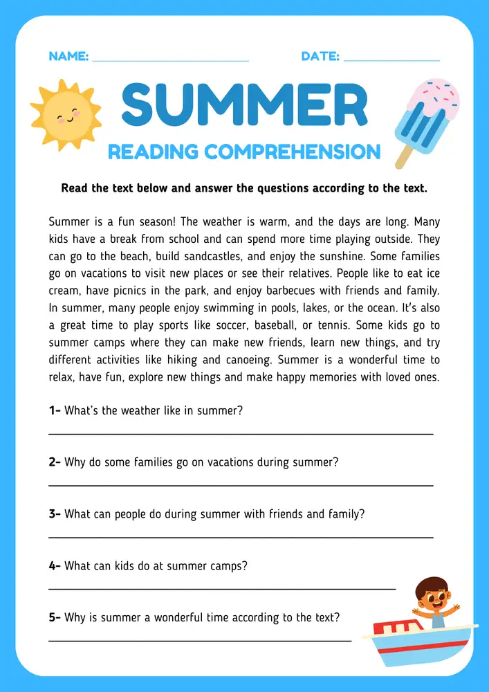 Summer Reading Comprehension Worksheets PDF with Answers 10